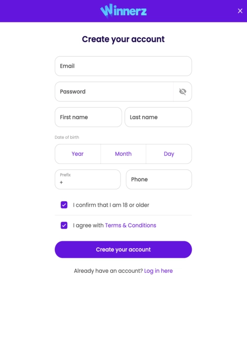 Ny spelare registrering formulär Winnerz Casino